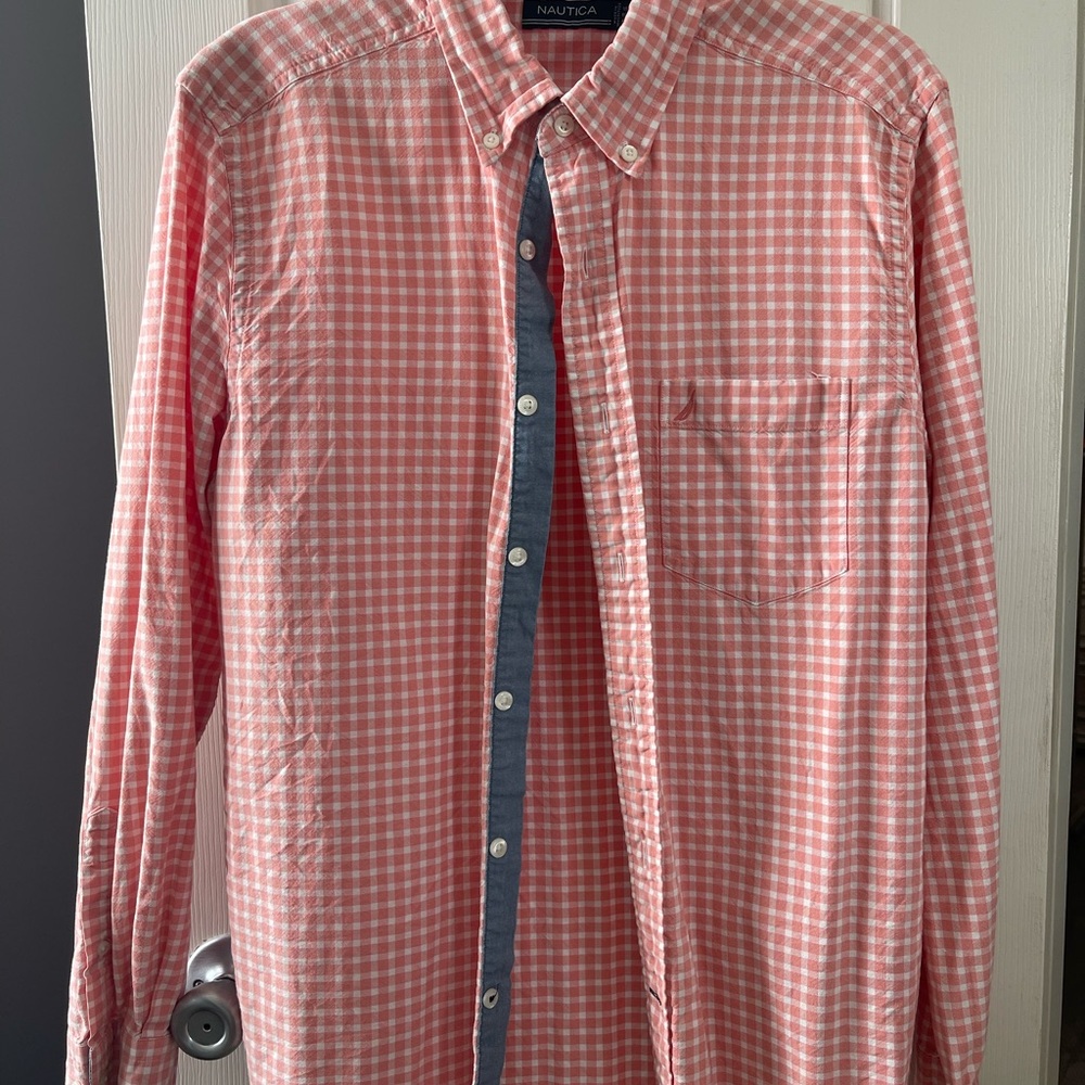 Nautica Pink Casual Button Down Shirt with Classic Gingham Pattern